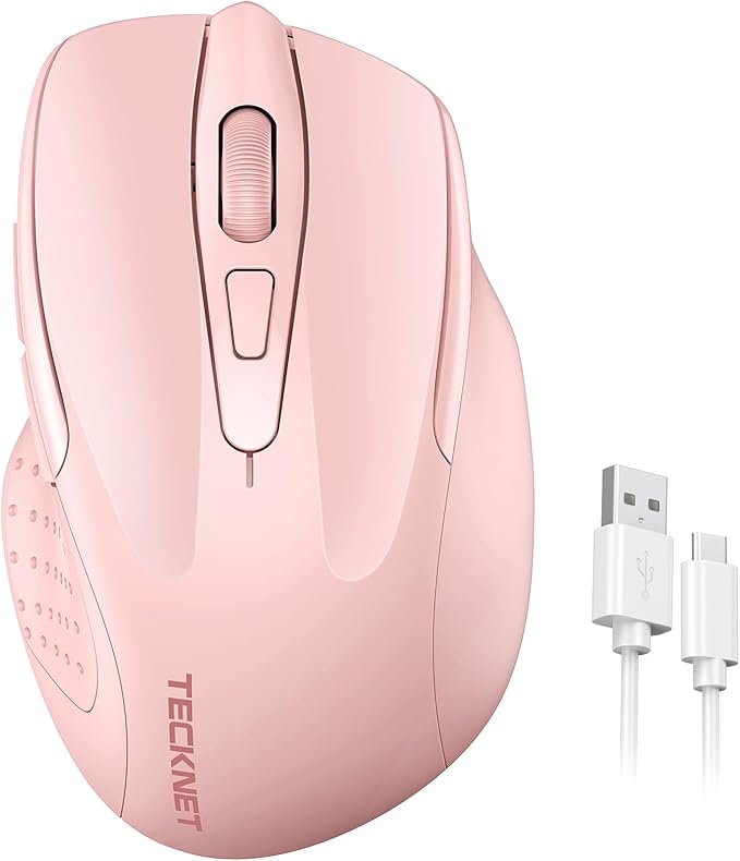 TECKNET Rechargeable Wireless Mouse, 2.4G Silent Quiet Click, 6 Adjustable 4800 DPI, Cordless Computer Mouse, Ergonomic Mouse for Laptop, 6 Buttons USB for Chromebook, Ergo Grip - Pink