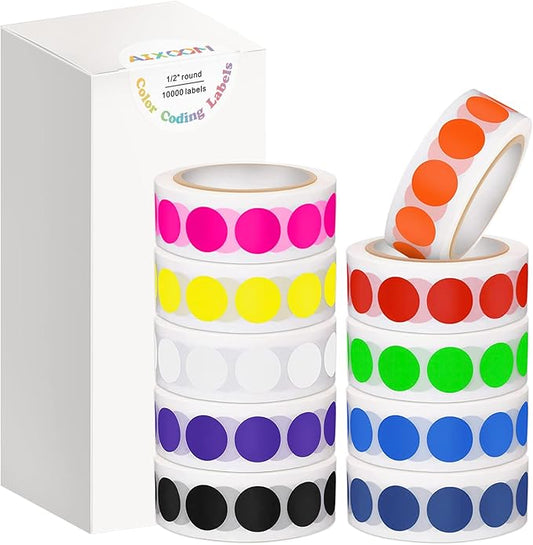 10000 PCS 1/2" Round Color Coding Labels Circle Dot Stickers, 10 Assorted Colors for Home Office Classroom (10 Rolls,1000 Labels/Roll)