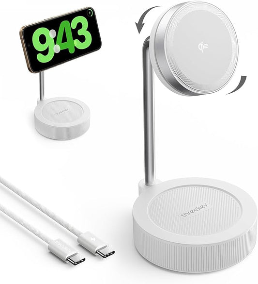 THREEKEY Charging Station, for MagSafe Charger with 180° Rotation, Qi2 15W Fast Charging Pad with Dual-Sided Magnets, Magnetic Wireless Charger Stand for iPhone 16-12 Series/Airpods (TZH104 White)
