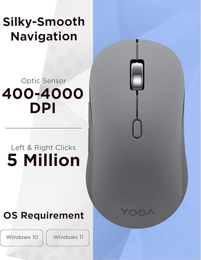 Lenovo Yoga Bluetooth Silent Mouse, 3 Level DPI Adjustment, 36 Month Battery Life, Bluetooth 5.3, 3 Device Paring, Whisper Quiet, Programmable Buttons, Smooth Finish, Luna Grey