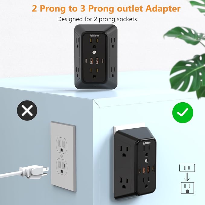 USB Wall Charger Power Strip Surge Protector with 4 USB Ports (2 USB C) Plug Extension Multiple Outlets Plug Extension Multi Outlet Plug in Adapter Spaced Outlets for Home Office Travel,White (Black)