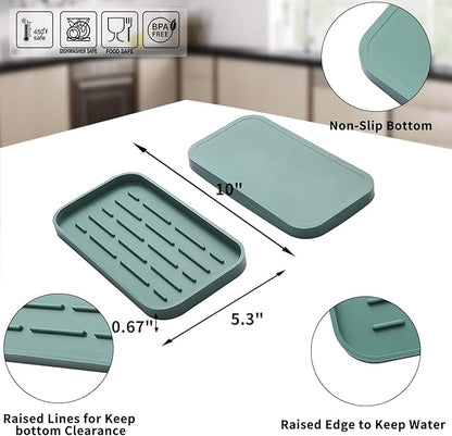 Silicone Kitchen Sink Organizer Tray for Multiple Usage,Eco-Friendly Sponges Holder for Kitchen Bathroom Counter or Sink,Dish Soap Dispenser,Scrubber,Bottle,Cup (Green, 10"×5.3")