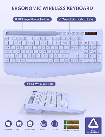 SABLUTE Wireless Keyboard and Mouse, Wrist Rest, Phone Holder, Batteries Included, 2.4G Lag-Free Ergonomic Keyboards Mouse Combo, Silent Keyboard Cordless Set for Computer, Laptop, PC, Windows, Purple