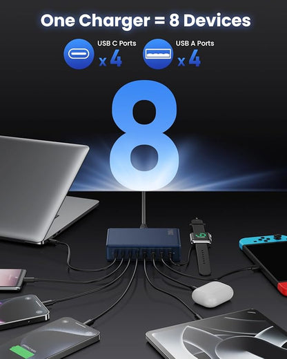 200W USB C Charger Block,GaN IV Charging Station 8 Ports,QC4.0 Fast Charging Station Hub+PD 65W USB C Laptop Charger Adapter Compatible with MacBook Air/Pro,DELL,iPhone 17/16,iPad,Steam Deck-Deep Blue