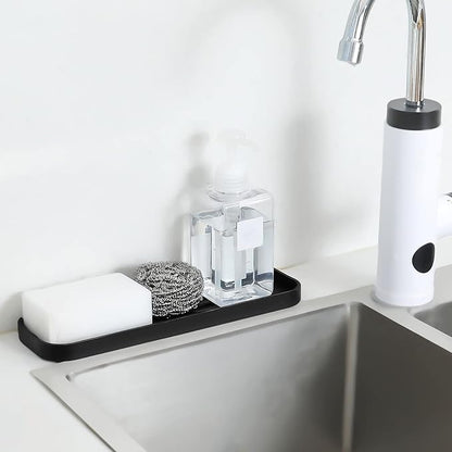 Silicone Kitchen Sink Organizer Tray for Multiple Usage,Eco-Friendly Sponges Holder for Kitchen Bathroom Counter or Sink,Dish Soap Dispenser,Scrubber,Bottle,Cup (Black, 12"×4")