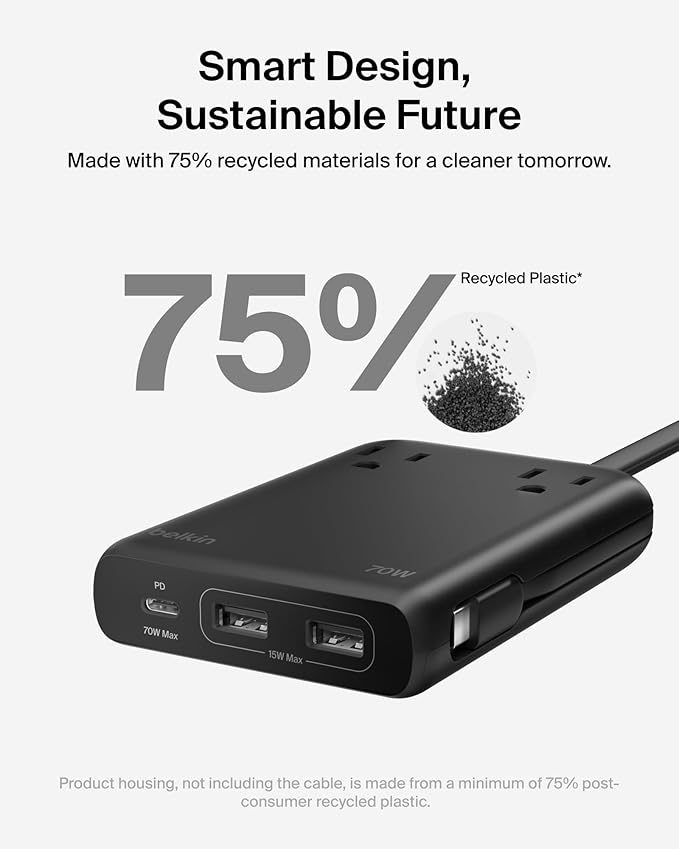 Belkin GaN Charging Station 70W, 6-in-1 USB C Charger w/ 2X AC Outlets, 2X USB A Ports, Integrated USB C Cable - Power Strip for iPhone, Apple Watch, iPad, MacBook, Chromebook, Galaxy, Pixel, & More