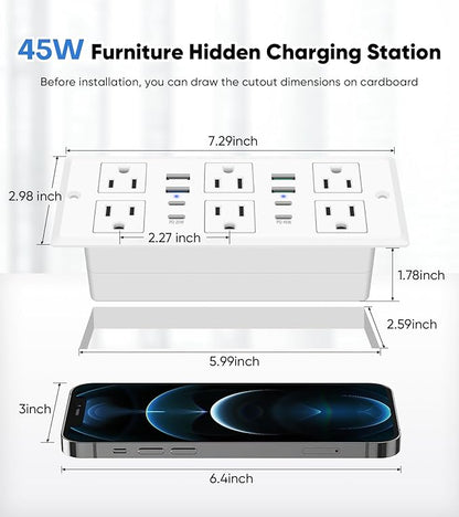 Recessed Power Strip with 45W USB C, Furniture Desk Flush Mount Outlet, Ultra Thin Flat Plug Power Strip, 6 Outlets & 8 USB Ports, 3FT Cord (White)