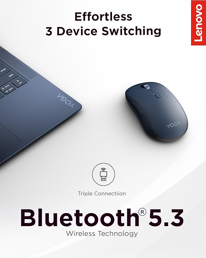 Lenovo Yoga Bluetooth Silent Mouse, 3 Level DPI Adjustment, 36 Month Battery Life, Bluetooth 5.3, 3 Device Paring, Whisper Quiet, Programmable Buttons, Smooth Finish, Cosmic Blue