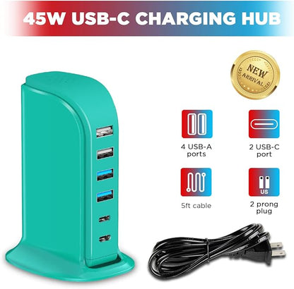 USB Charger Block Upoy, Charging Station for Multiple Devices Apple, USB Hub Power Strip Multiple Ports, Power Block Adapter for Phone, Tablet, Ear Buds, C Charger Block with 5ft Extension Cord