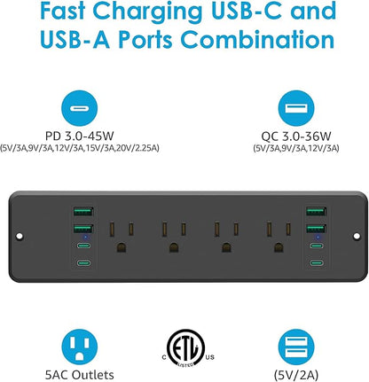 HHSOET 16 in 1 Recessed Power Strip Flat Plug, 45W Fast Charging Furniture Outlet with USB, Conference Recessed Surge Protection with 8 AC Plugs, 4 USB Ports 4 USB-C, 6ft Power Cord.(Black)