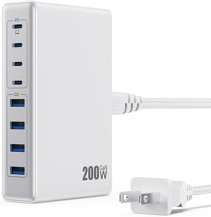 200W USB C Charger Block,GaN IV Charging Station 8 Ports,QC4.0 Fast Charging Station Hub+PD 65W USB C Laptop Charger Adapter Compatible with MacBook Air/Pro,DELL,iPhone 17/16/15,iPad,Steam Deck-White