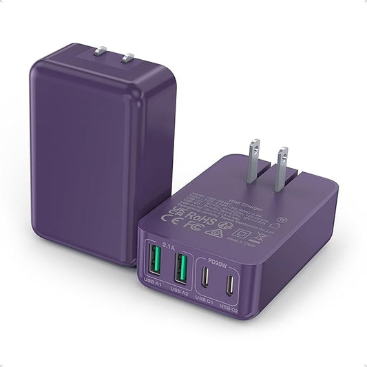 40W Flat USB C Charger Block, 2-Pack USB C Fast Charging Block 4-Port Dual PD+QC Power Adapter Double Charger Block Multiport Type C Cube Multiple Wall Plug for iPhone 17 16 15 14 13 Pro Max(Purple)