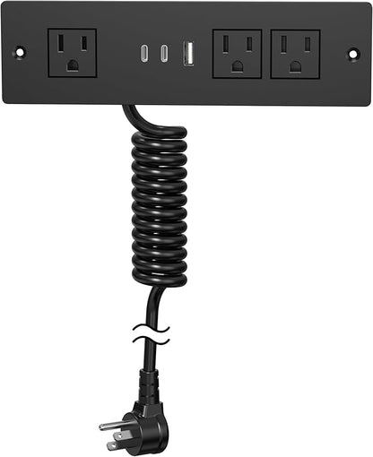 Furniture Drawer Outlet, Recessed Power Strip with (3) PD 20W USB Ports Fast Charging & (3) 15 Amp AC Outlets, (14 AWG) 10 FT Spring Black Cord