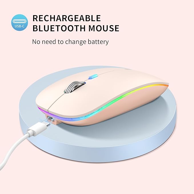 TENMOS Wireless Bluetooth Mouse, LED Slim (Bluetooth 5.1 + USB) 2.4GHz Rechargeable Silent Bluetooth Wireless Mouse with Type C Adapter for Laptop/MacBook/iPad OS 13 and Above - Light Pink