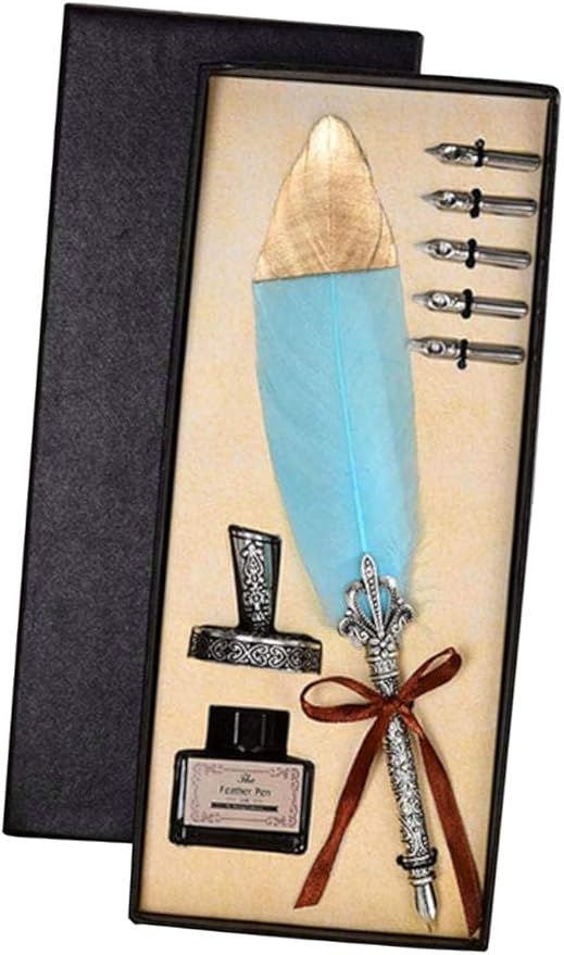 Quill Feather Pen and Ink Set,Calligraphy Set,Calligraphy Kits Include Antique Quill Feather Pen,6 Nibs,1 Bottles Inks,Pen Holder for Beginners Birthday Gift (Sky Blue)