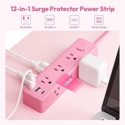 Pink Power Strip, NTONPOWER Surge Protector Power Strip, Cute Pink Extension Cord 5FT, 9 Outlets 3 USB (1 USB C), Mounted, 1080J, Multiple Outlets for Home Office, Kawaii, Desk Accessories, Women