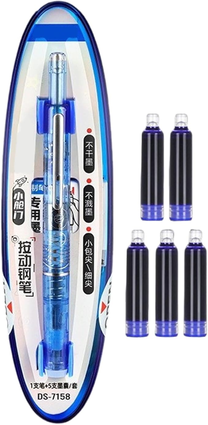 0.38mm Retractable Fountain Pen - Smooth Writing, Leak Proof Design, Comes with 5 Refillable Ink Cartridges | Writing Tool for Notebook Art Sketching School Office Journaling Creative Use