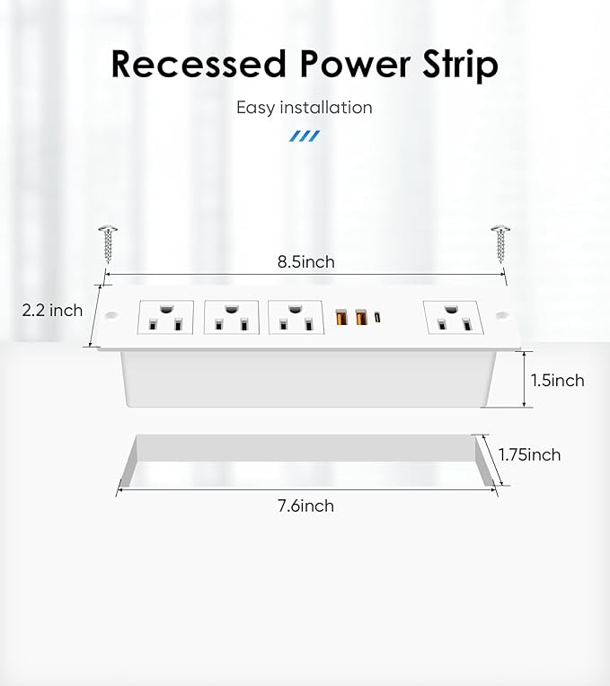 VILONG Recessed Power Strip with PD 20W USB-C, Flush Mounted Drawer Outlet, 4 Outlets & 3 USB Ports, Conference Desktop Built in Power Strip, 6.5FT Extension Cord(White)