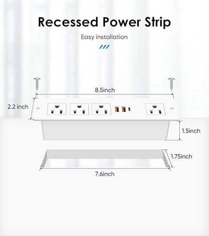 VILONG Recessed Power Strip with PD 20W USB-C, Flush Mounted Drawer Outlet, 4 Outlets & 3 USB Ports, Conference Desktop Built in Power Strip, 6.5FT Extension Cord(White)