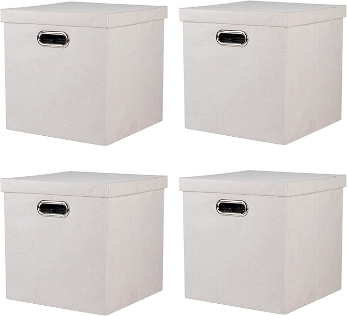 Storage Bins with Lids, Collapsible Linen Fabric Boxes Organizer Containers with Lid Foldable Storage Box Basket for Closet, Shelves, Home, Office, 11 x 11 x 11.4 Inch, 4 Pack, Beige