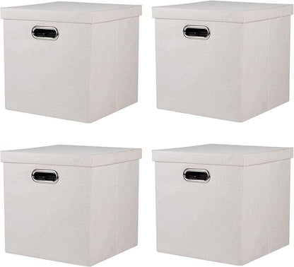 Storage Bins with Lids, Collapsible Linen Fabric Boxes Organizer Containers with Lid Foldable Storage Box Basket for Closet, Shelves, Home, Office, 11 x 11 x 11.4 Inch, 4 Pack, Beige