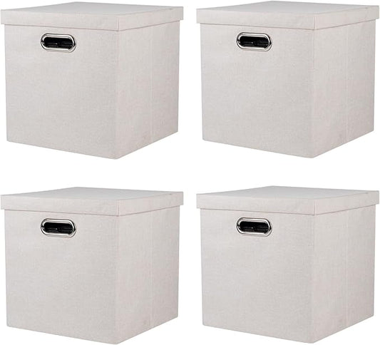 Storage Bins with Lids, Collapsible Linen Fabric Boxes Organizer Containers with Lid Foldable Storage Box Basket for Closet, Shelves, Home, Office, 11 x 11 x 11.4 Inch, 4 Pack, Beige