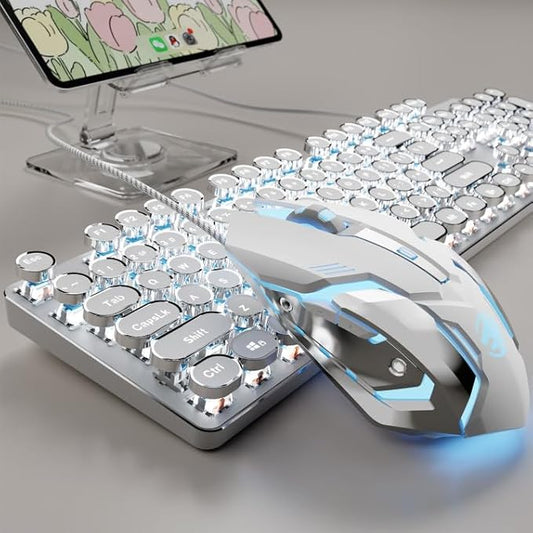 EWEADN TK100 Wired Typewriter Mechanical Keyboard and Mouse, 104 Keys Aesthetic Typewriter Keyboard Mouse Combo with White Backlit, Anti-Ghosting, Black Switch Cute Keyboards-White
