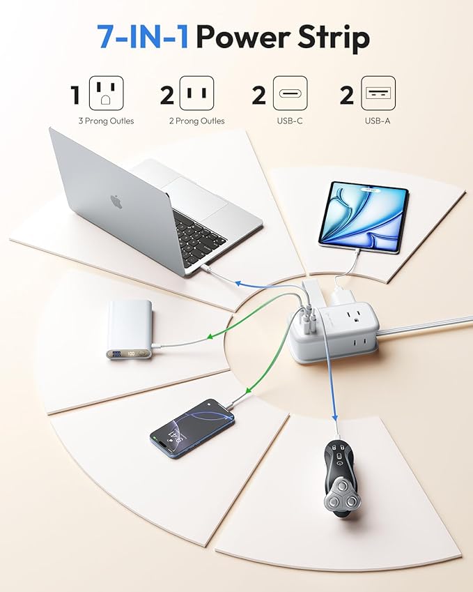 NTONPOWER GAN Ultra 65W USB Charging Station, 7 in 1 Travel Power Strip with 3 Outlets 4 USB (2 USB C), Extension Cord 4ft, Travel Essentials, Cruise Power Strip Compatible with MacBook, iPhone, White
