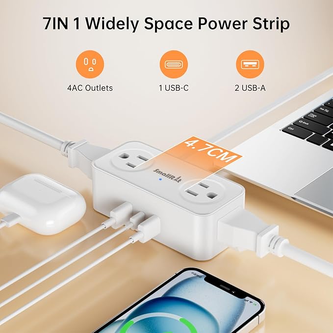SMALLRT Thin Flat Extension Cord with USB C, Small Flat Plug Power Strip with 4 AC Outlets 3 USB (1 USB C), 6.5FT Small Power Strip Wall Mountable Cruise Ship, Travel, Home (White, 16.5 FT)