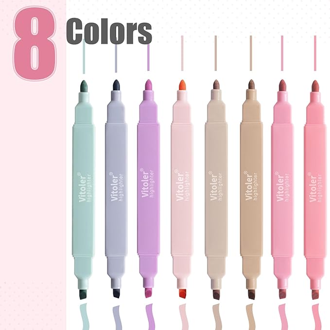 Vitoler Highlighters Assorted Colors,8pcs Dual Tip Pastel Colors Highlighters for Bible Study, Teacher Supplies and School Accessories