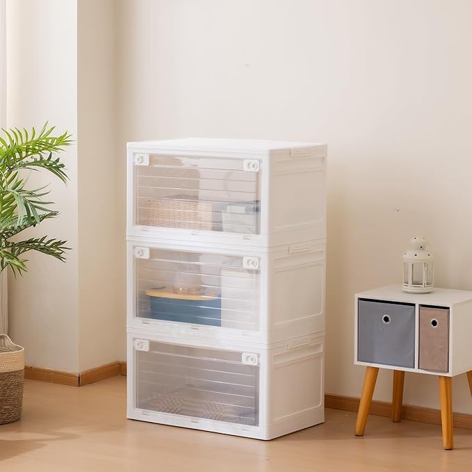3-Tier 101QT Stackable Storage Bins with Lid, Doors & Wheels, Collapsible Plastic Organizer Bins for Closet Bedroom, White