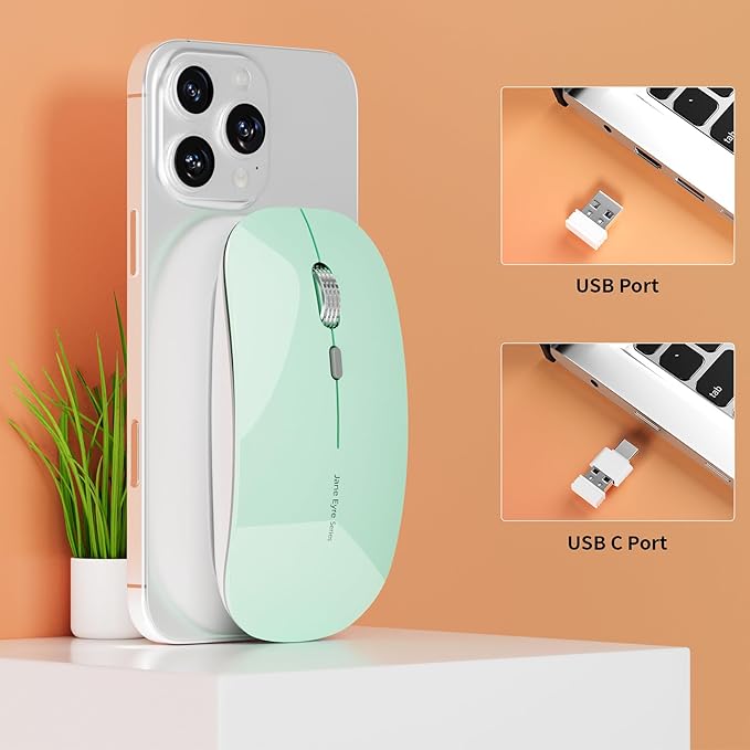 Uciefy Q5 Slim Rechargeable Wireless Mouse, 2.4G Portable Optical Silent Ultra Thin Wireless Computer Mouse with USB Receiver and Type C Adapter, Compatible with PC, Laptop, Desktop (Mint Green)
