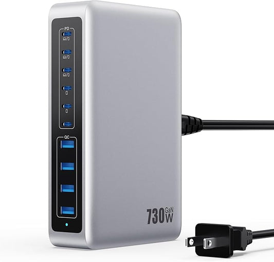 730W USB C Charger Block,GaN IV Fast Charging Station Hub 10 Ports,QC4.0+3 PD 100W USB C Laptop Charger Ports Power Adapter Compatible with MacBook Air/Pro,DELL,iPhone 17/16/15/14/13,iPad,Steam Deck