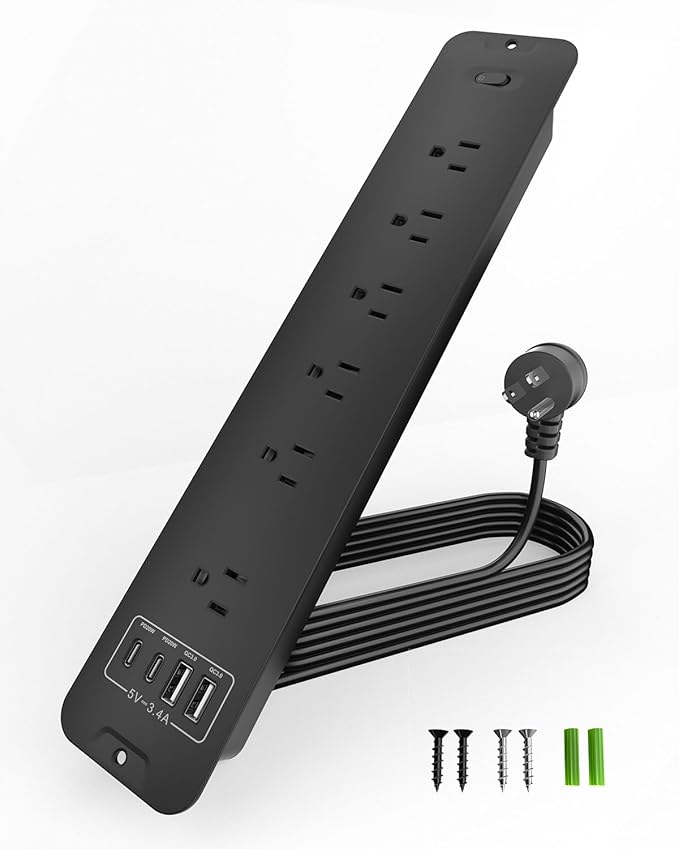 Recessed Power Strip Extension - 10 Outlet Surge Protector with 6 AC - 2 USB-A（18W） and 2 USB-C（PD20W） Ports - Flush Mount Desk Outlet with 6 Feet Cord - for Conference Table (Black)