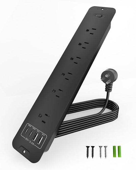 Recessed Power Strip Extension - 10 Outlet Surge Protector with 6 AC - 2 USB-A（18W） and 2 USB-C（PD20W） Ports - Flush Mount Desk Outlet with 6 Feet Cord - for Conference Table (Black)