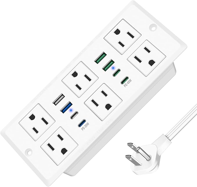 Recessed Power Strip with 45W USB C, Furniture Desk Flush Mount Outlet, Ultra Thin Flat Plug Power Strip, 6 Outlets & 8 USB Ports, 3FT Cord (White)