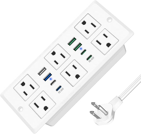 Recessed Power Strip with 45W USB C, Furniture Desk Flush Mount Outlet, Ultra Thin Flat Plug Power Strip, 6 Outlets & 8 USB Ports, 3FT Cord (White)