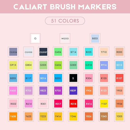 Caliart Alcohol Markers Brush Tip, 51 Colors Dual Tip Artists Coloring Markers Set Brush & Chisel, Permanent Alcohol Based Colored Sketch Pens, Art Supplies Gifts for Adults Drawing Illustration