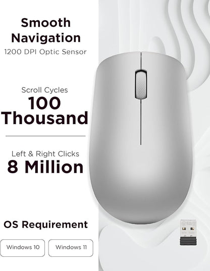 Lenovo 530 Full Size Wireless Computer Mouse for PC, Laptop, Computer with Windows - 2.4 GHz Nano USB Receiver - Ambidextrous Design - 12 Months Battery Life - Platinum Grey