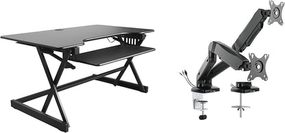 Rocelco 40" Height Adjustable Standing Desk Converter with AC Outlet USB Charger and Dual Monitor Arm Mount - Sit Stand Up Tabletop Riser - Sliding Keyboard Tray - Black (R DADRB-40-ACUSB-MA2)