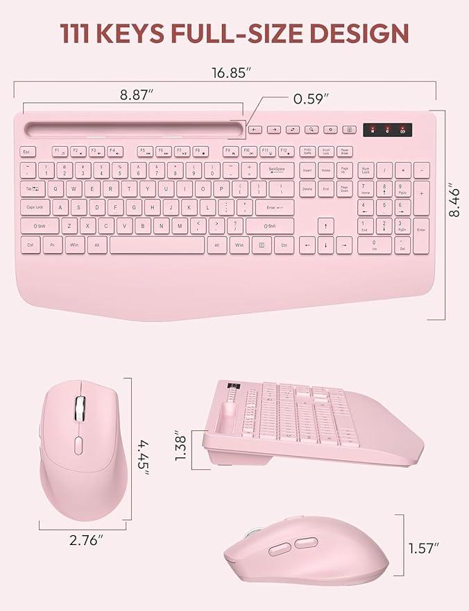 SABLUTE Wireless Keyboard and Mouse, Wrist Rest, Phone Holder, Batteries Included, 2.4G Lag-Free Ergonomic Keyboards Mouse Combo, Silent Keyboard Cordless Set for Computer, Laptop, PC, Windows, Pink