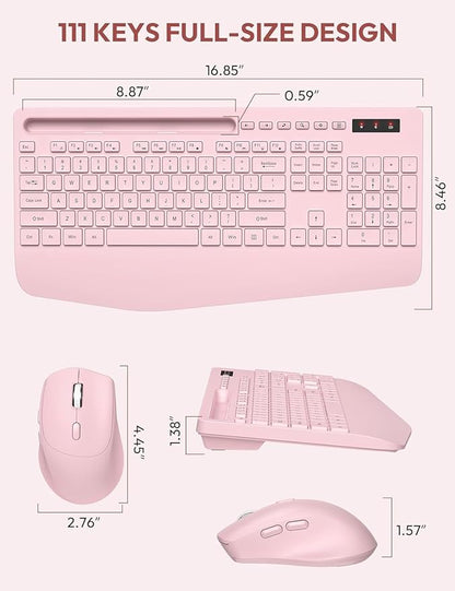 SABLUTE Wireless Keyboard and Mouse, Wrist Rest, Phone Holder, Batteries Included, 2.4G Lag-Free Ergonomic Keyboards Mouse Combo, Silent Keyboard Cordless Set for Computer, Laptop, PC, Windows, Pink
