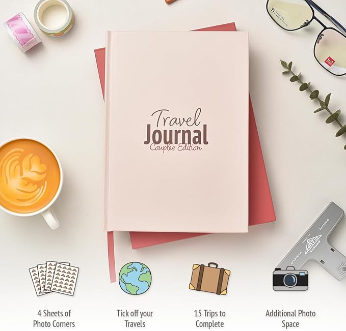 Travel Journal Couples Edition - Travel Memory Book, Trip Diary, Photo Album - 136pgs, 15 Trips. Includes Photo Corner Stickers. In Gift Sleeve. Travel Gift for Women and Men - A5 Red