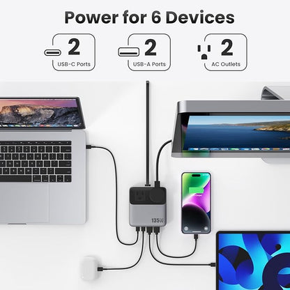 6-in-1 Charging Station USB C Power Strip with 5ft Cord and Plug,135W GaN-IV USB C Charger Block,2 AC Outlets,2 USB-A,2 USB-C for MacBook,iPhone 16/15/14,Fast Charging Desktop Charger for Office,Home