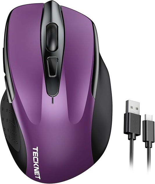 TECKNET Rechargeable Wireless Mouse,USB-A Silent Mouse, Quiet Click, 6 Adjustable 4800 DPI, Cordless Computer Mouse, Ergonomic Mouse for Laptop, 6 Buttons 2.4G Mouse for Chromebook, Ergo Grip - Purple
