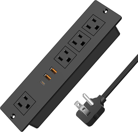 VILONG Flat Plug Recessed Power Strip with PD 20W USB-C, Flush Mounted Drawer Outlet, 4 AC Outlets & 3 USB Ports, Conference Desktop Built in Power Strip, 10FT Extension Cord(Black)
