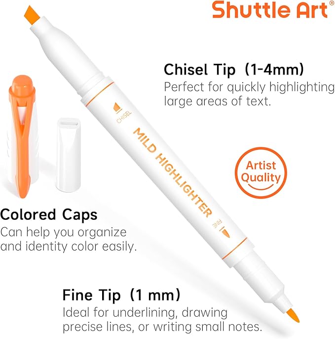 Shuttle Art Pastel Highlighters, 18 Colours Dual Tip Highlighters, Highlighter Markers Assorted Colours, Perfect for Colouring, Underlining, Highlighting, Journaling in School Office Home