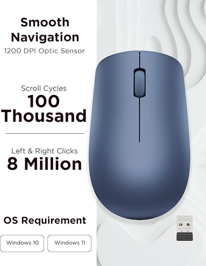 Lenovo 530 Wireless Mouse with Battery, 2.4GHz Nano USB, 1200 DPI Optical Sensor, Ergonomic for Left or Right Hand, Lightweight, GY50Z18986, Abyss Blue