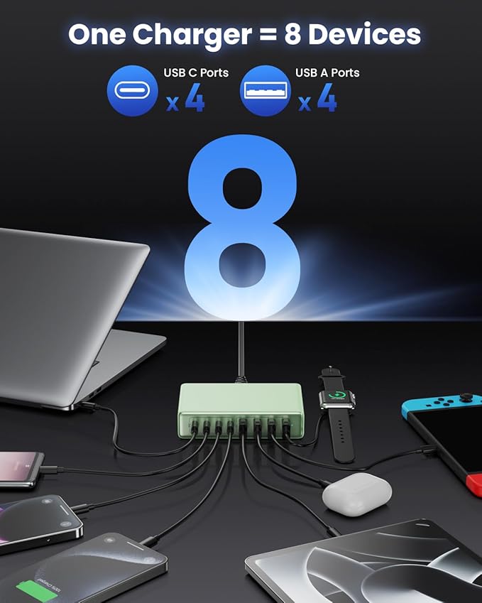 200W USB C Charger Block,GaN IV Charging Station 8 Ports,QC4.0 Fast Charging Station Hub+PD 65W USB C Laptop Charger Adapter Compatible with MacBook Air/Pro,DELL,iPhone 17/16/15,iPad,Steam Deck-Green