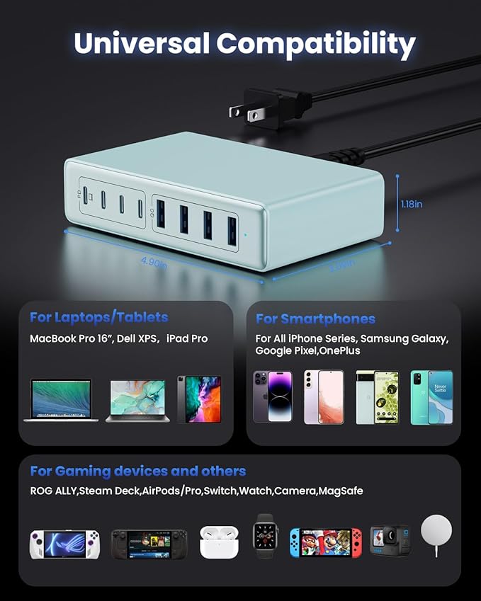 200W USB C Charger Block,GaN IV Charging Station 8 Ports,QC4.0 Fast Charging Station Hub+PD 65W USB C Laptop Charger Adapter Compatible with MacBook Air/Pro,DELL,iPhone 17/16,iPad,Steam Deck-Sky Blue